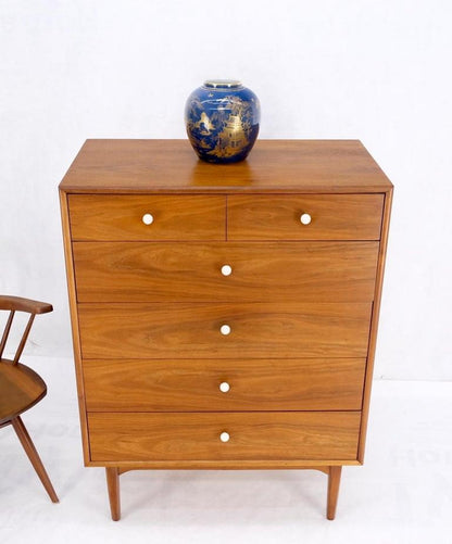Mid Century 6 Drawers Walnut High Chest Dresser W/ Porcelain Ball Pulls Mint!