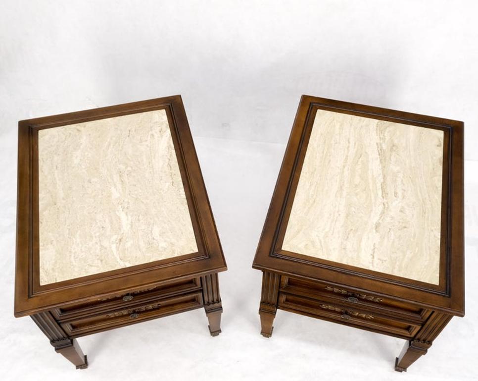 Pair Vintage Travertine Tops Cherry or Walnut Two Drawers End Tables Nightstands