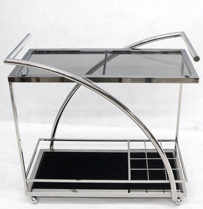 Chrome & Smoked Glass Mid-Century Modern Rolling Serving Cart Bar