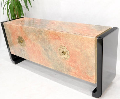 Four Doors Black Lacquer Faux Finish Brass Hardware Pull Credenza Dresser Server
