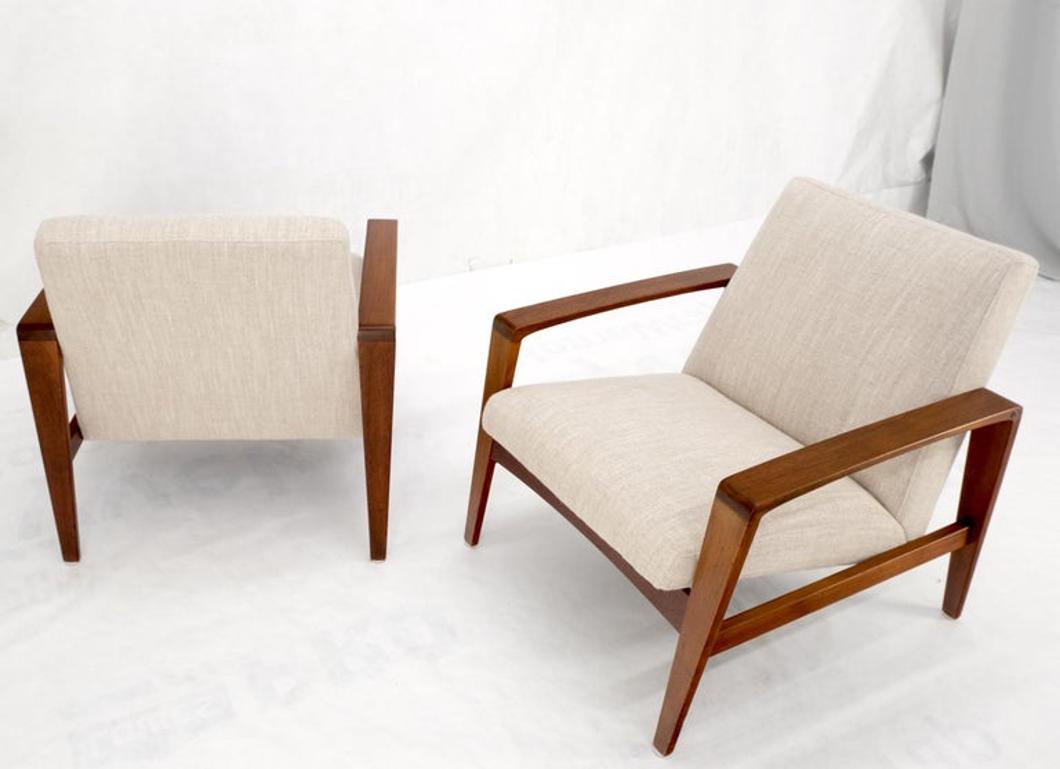Pair Restored New Oatmeal Upholstery Teak Mid-Century Modern Lounge Arm Chairs