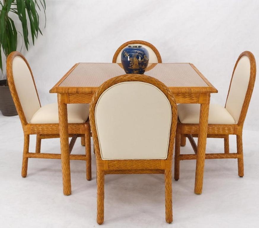 Leather Basket Weave Wicker Style Square Dining Room Table 4 Chairs Glass Top
