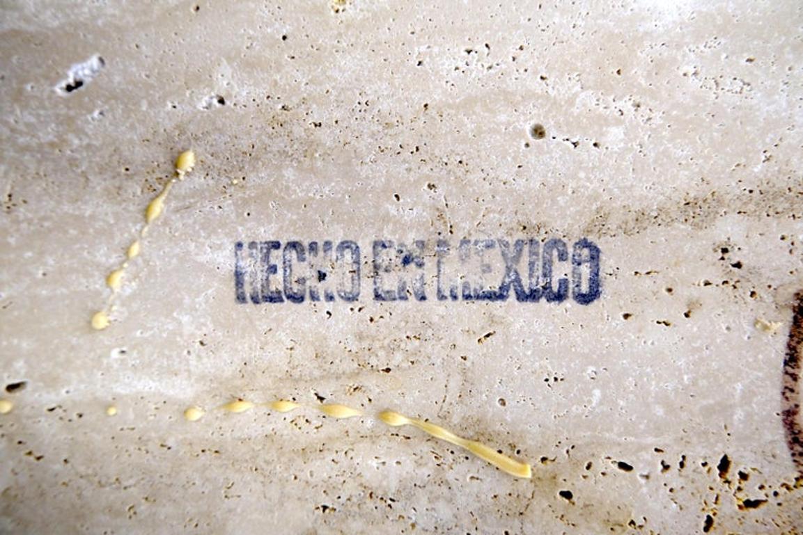 Steel Metal Forged X Base Travertine Top Rectangle Coffee Table w/ Brass Studs