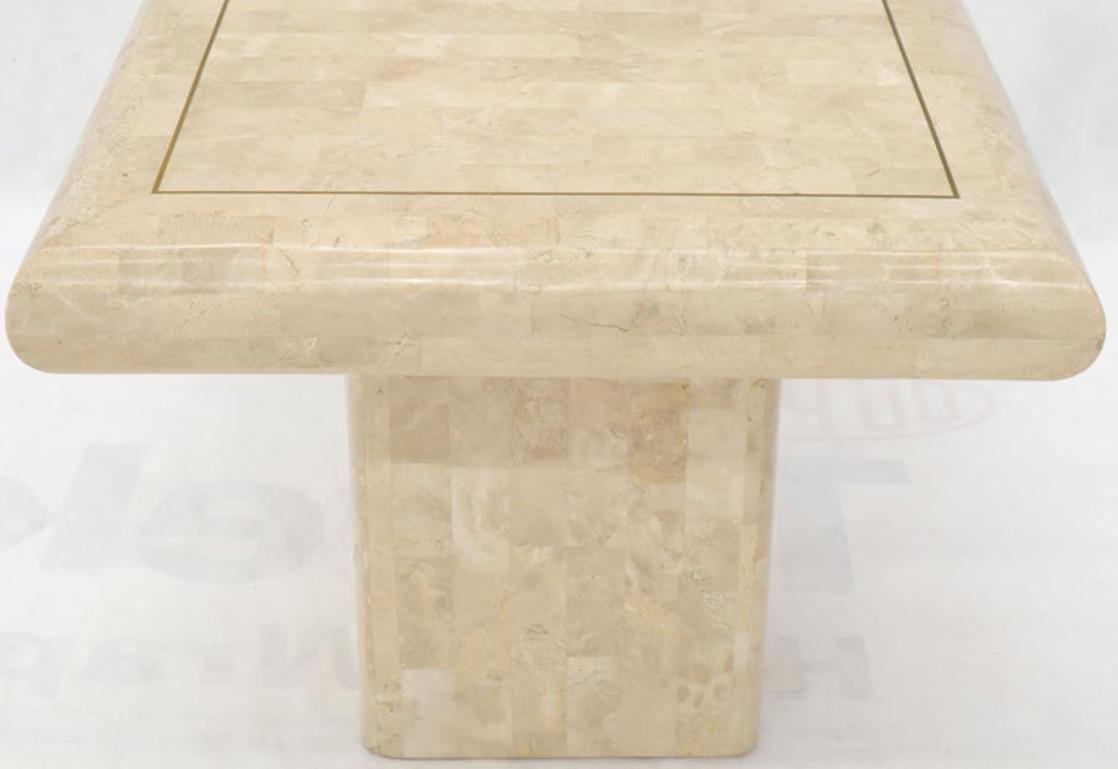 Pair of Square Tessellated Stone Veneer Brass Inlay End Tables Stands