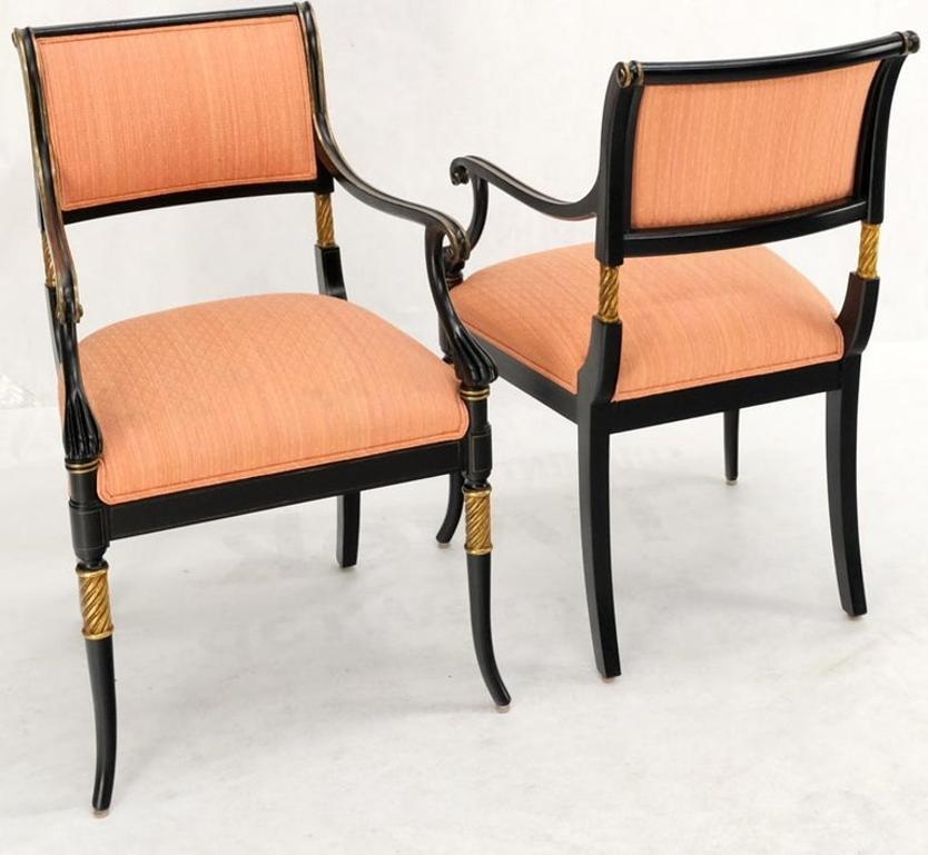 Pair Regency Ebonized Gilt Craved Fireside Dining Arm Chairs Horn Shape Leg