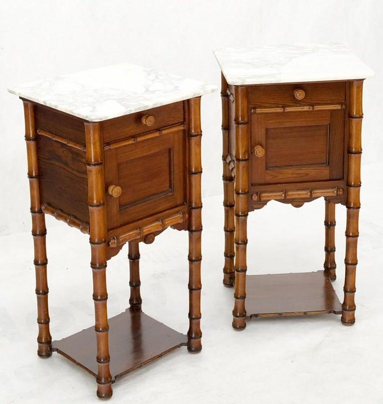 Pair of Antique Faux Bamboo Marble Top Two Tier One Door Drawer Nightstands