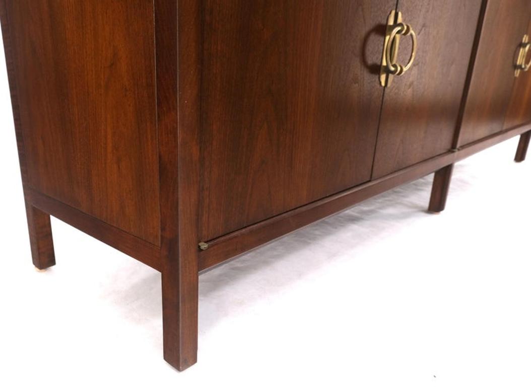 Long Walnut Mid-Century Modern Dresser Credenza w/ Brass Buckle Shape Pulls