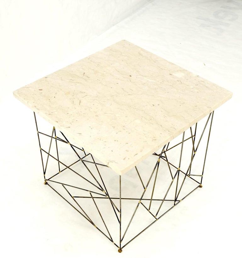 Travertine Top Wire Base Square Side End Table Stand Mid-Century Modern MINT!
