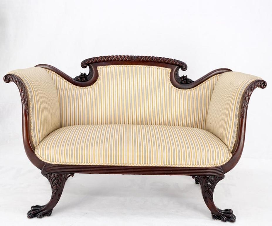 Finely Carved Mahogany Settee Loveseat Empire Claw Feet Tall Back CLEAN