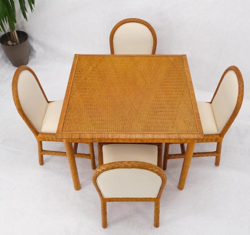 Leather Basket Weave Wicker Style Square Dining Room Table 4 Chairs Glass Top