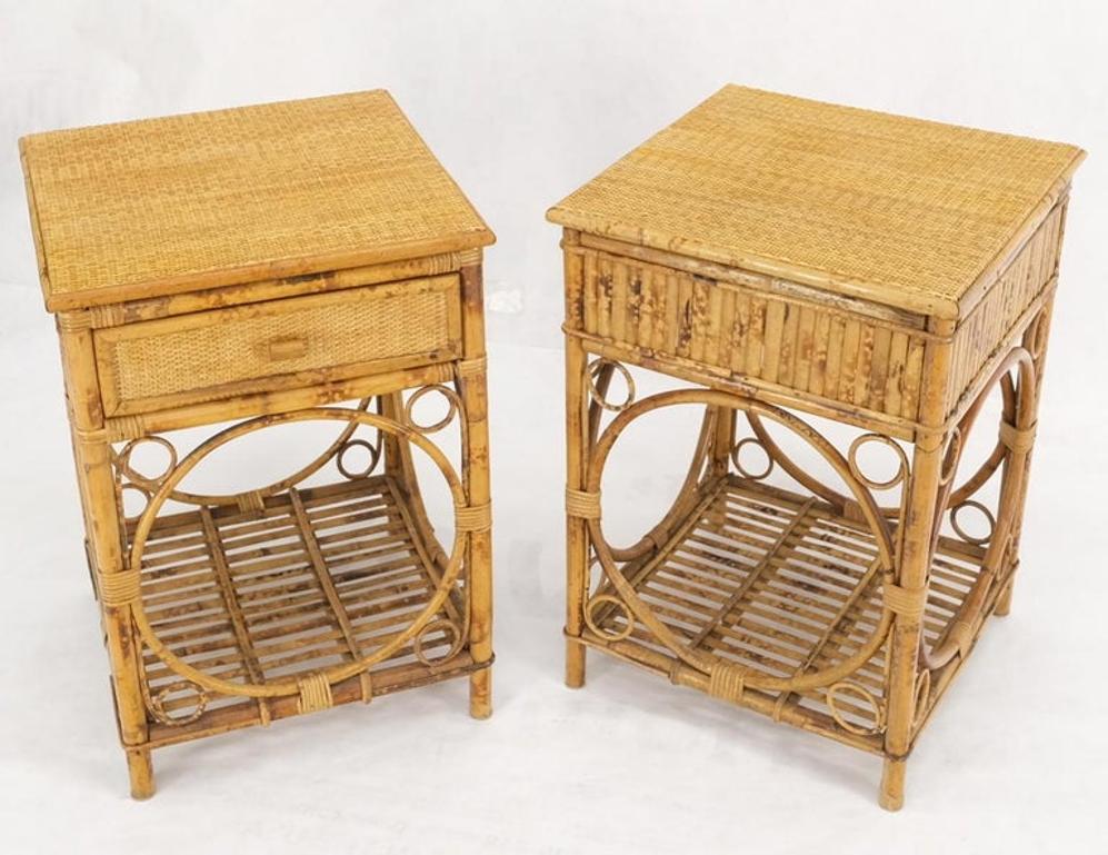 Pair of Bamboo Rattan One Drawer Cane Woven Top Side End Table Nightstands