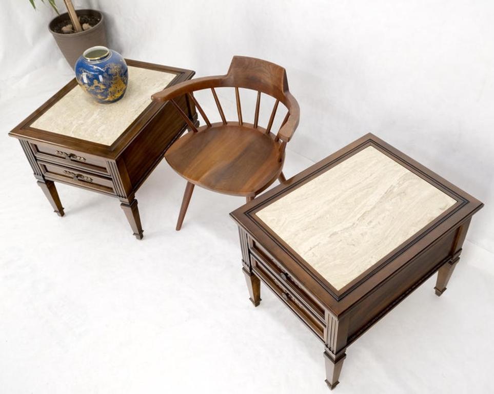 Pair Vintage Travertine Tops Cherry or Walnut Two Drawers End Tables Nightstands