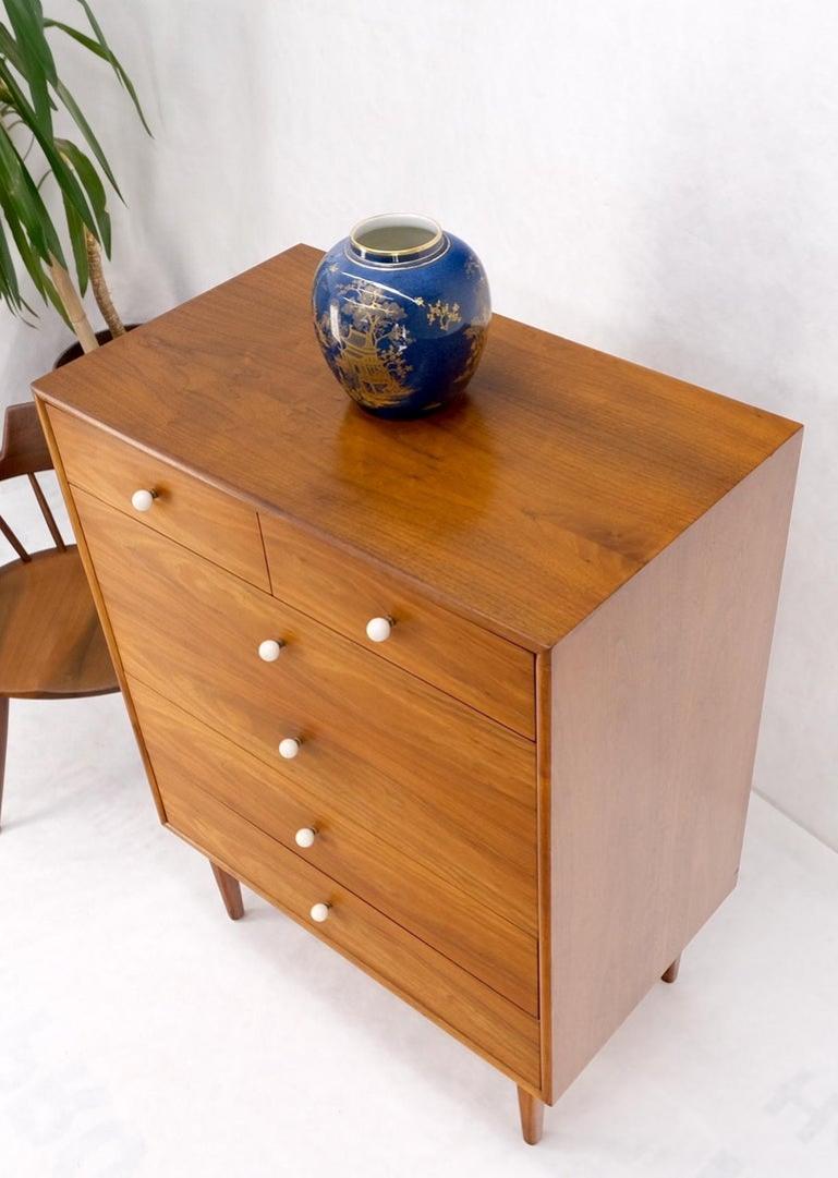 Mid Century 6 Drawers Walnut High Chest Dresser W/ Porcelain Ball Pulls Mint!