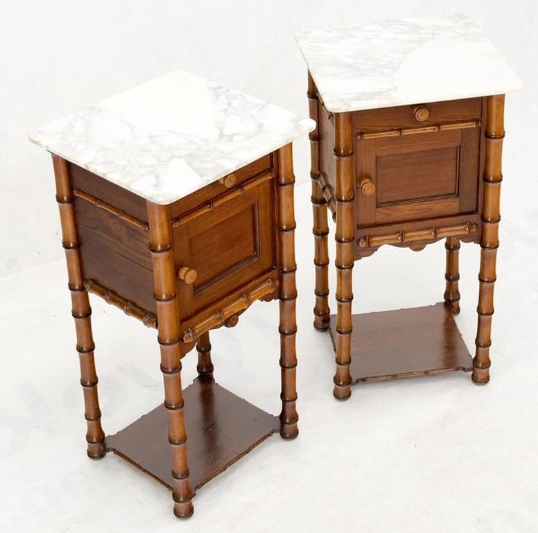 Pair of Antique Faux Bamboo Marble Top Two Tier One Door Drawer Nightstands