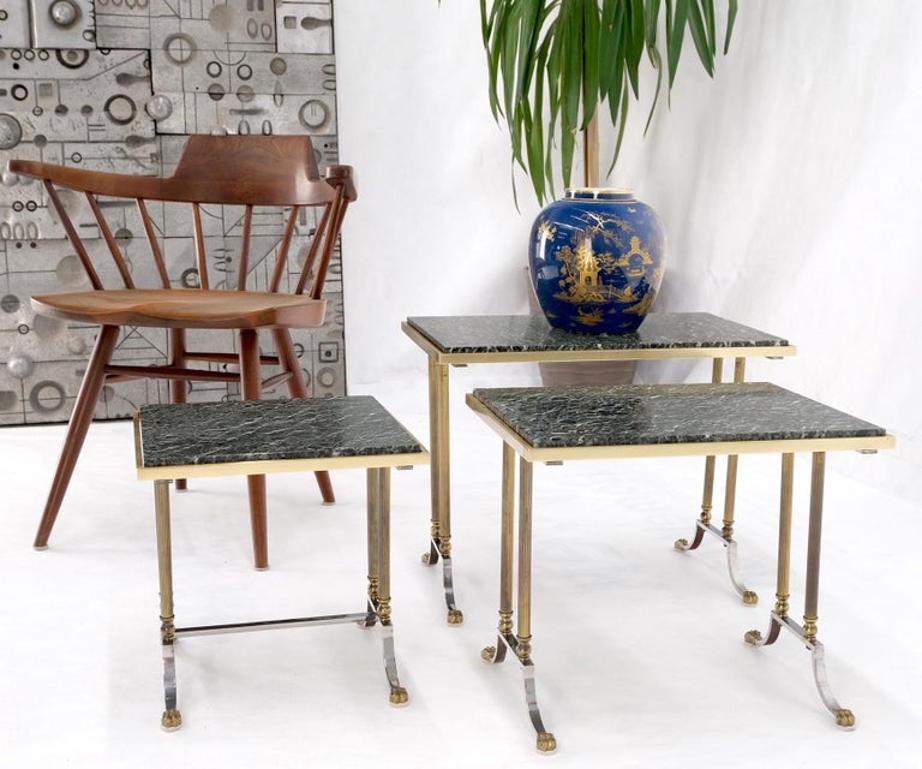 Set of 3 Very Fine Metal Work Brass Chrome Marble Top Nesting Side End Tables
