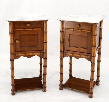 Pair of Antique Faux Bamboo Marble Top Two Tier One Door Drawer Nightstands