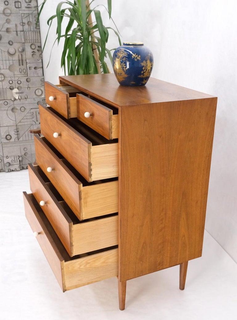 Mid Century 6 Drawers Walnut High Chest Dresser W/ Porcelain Ball Pulls Mint!