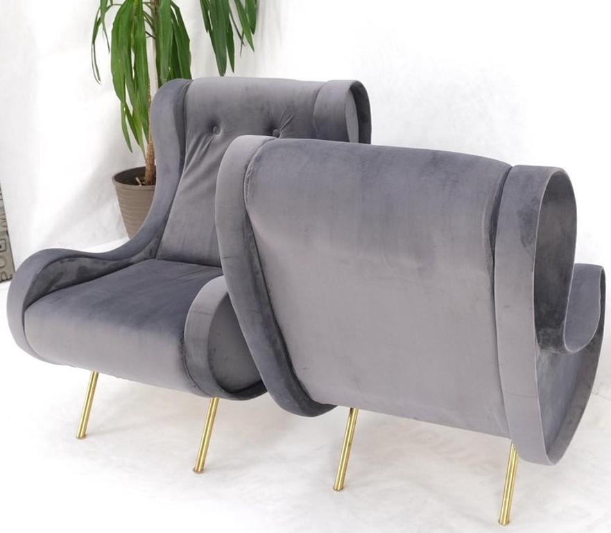 Pair Italian Mid-Century Modern Brass Legs Grey Arm Lounge Chairs