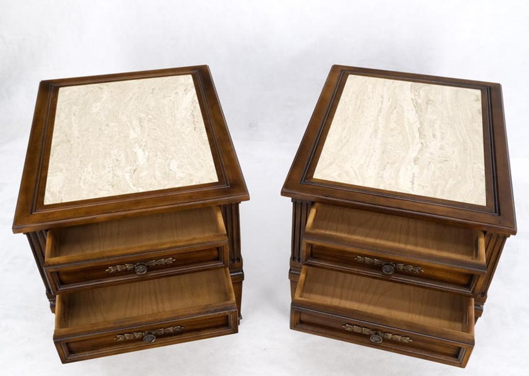 Pair Vintage Travertine Tops Cherry or Walnut Two Drawers End Tables Nightstands