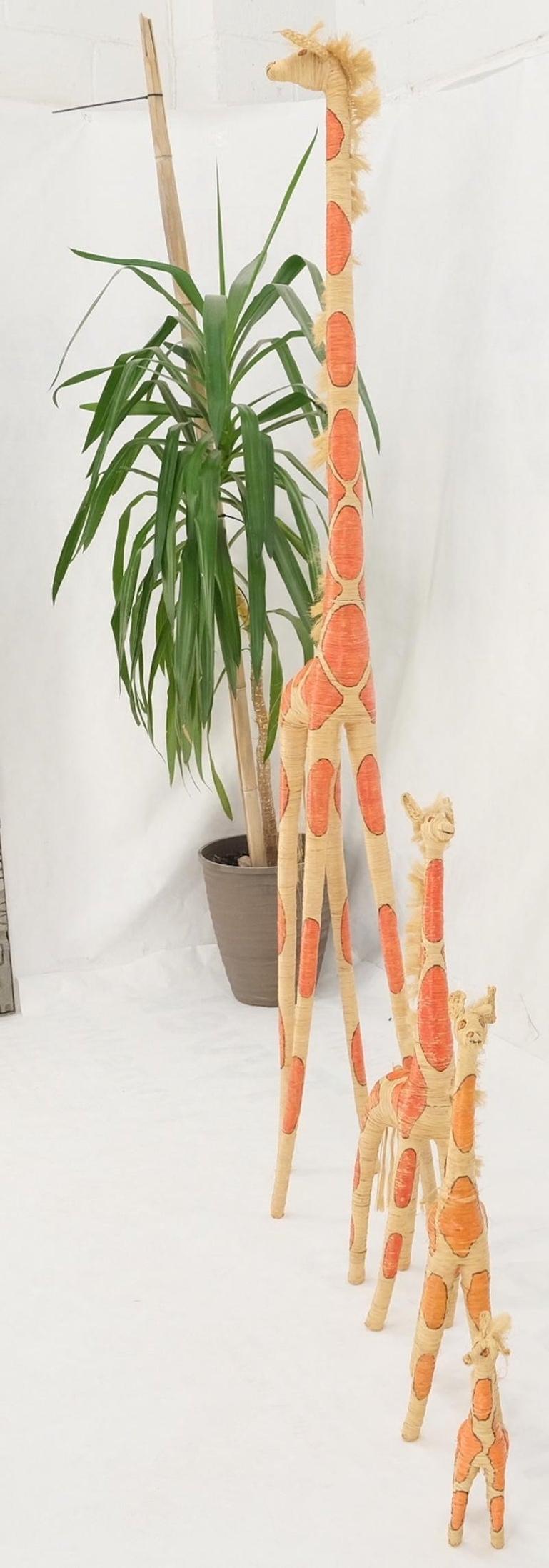 Group of 4 Giraffe Folk Art Rattan Bamboo Straw Hand Painted Animal Sculptures