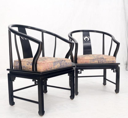 Pair of Asian Modern Black Lacquer Barrel Horse Shoe Back Lounge Chairs Mint!