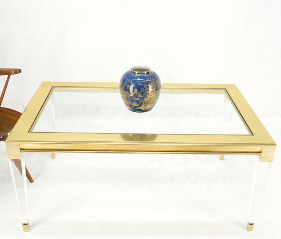 Large Mid Century Modern c.1970's Lucite Brass Glass Top Rectangle Coffee Table