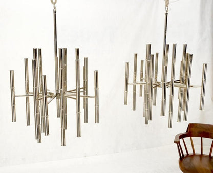 Pair of Large Faux Bamboo Chrome Pewter Chandeliers Light Fixtures