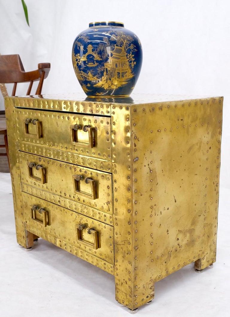 Sarreid Hollywood Regency Campaign Brass Clad Compact Chest of 3 Drawers Stand