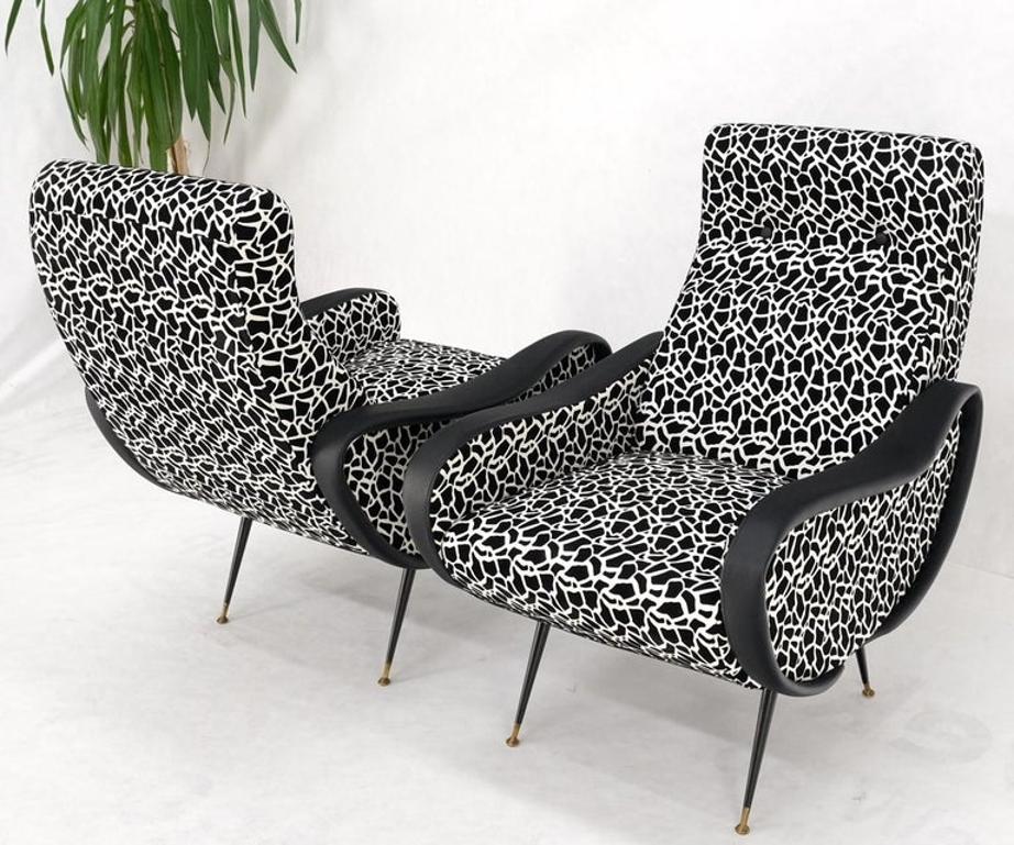 Pair Black & White Pattern Fabric Italian Mid Century Modern Lounge Chairs Mint