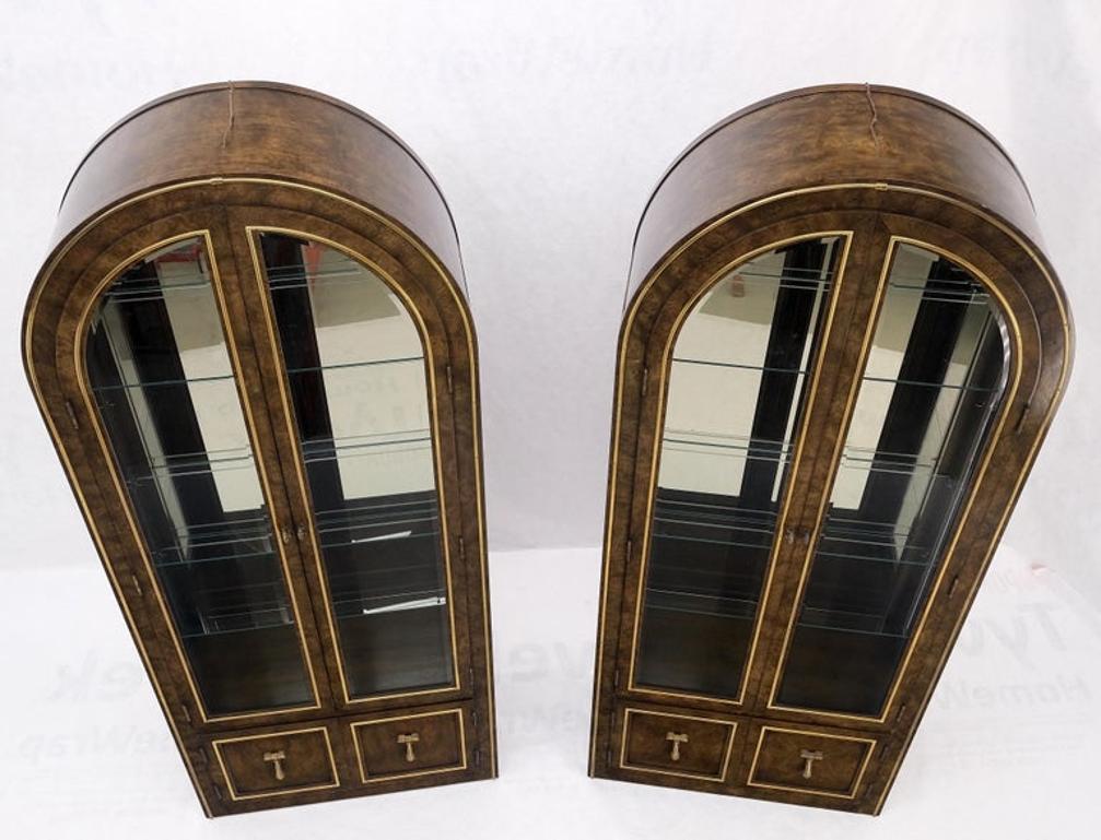 Pair Mastercraft Dome Shape Burl Wood Curio Display Cabinets w Shelves Lights