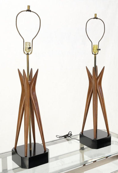 Pair Carved Oiled Walnut Star Bursting Sputnik Shape Bases Table Lamps Mint!