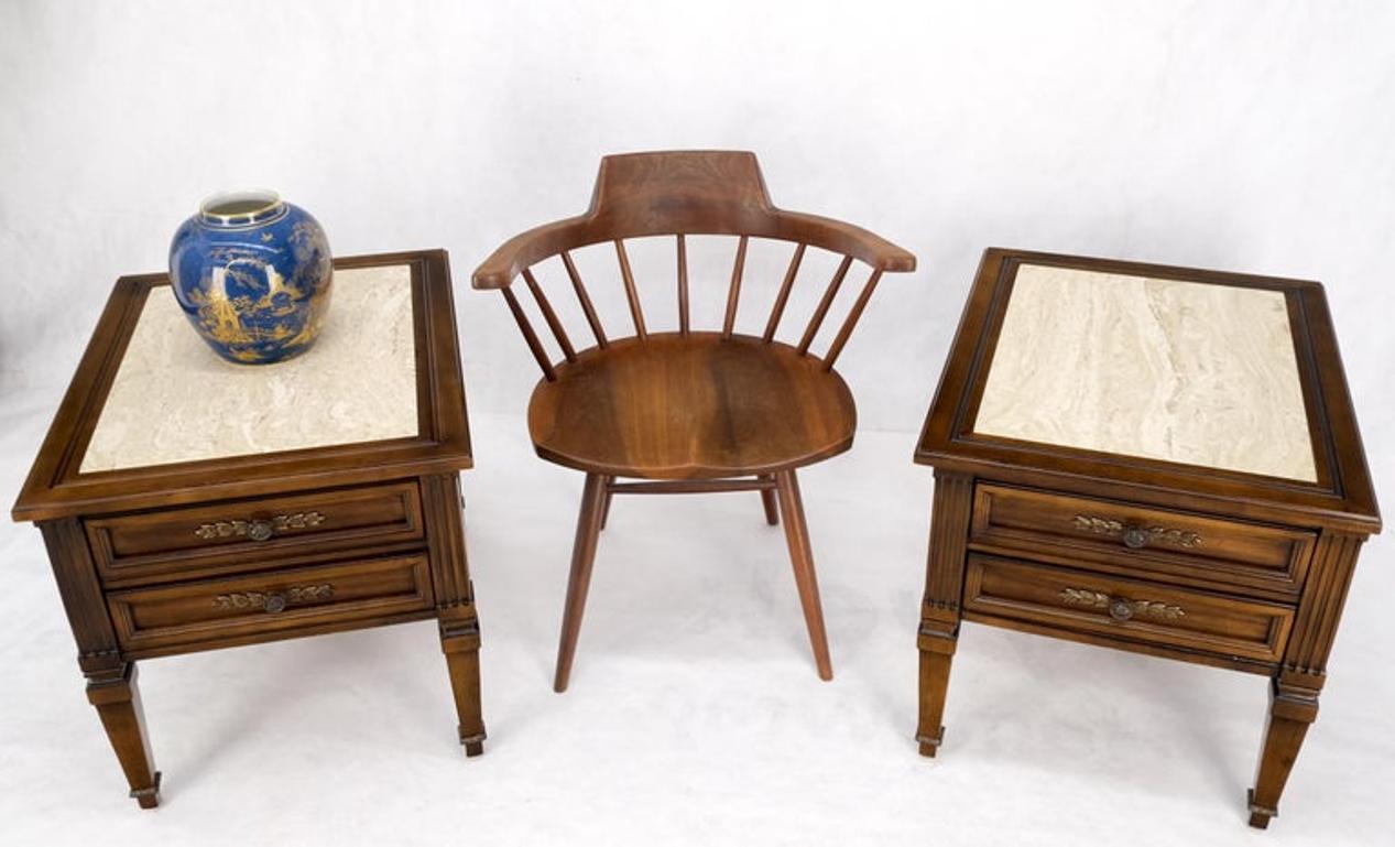 Pair Vintage Travertine Tops Cherry or Walnut Two Drawers End Tables Nightstands