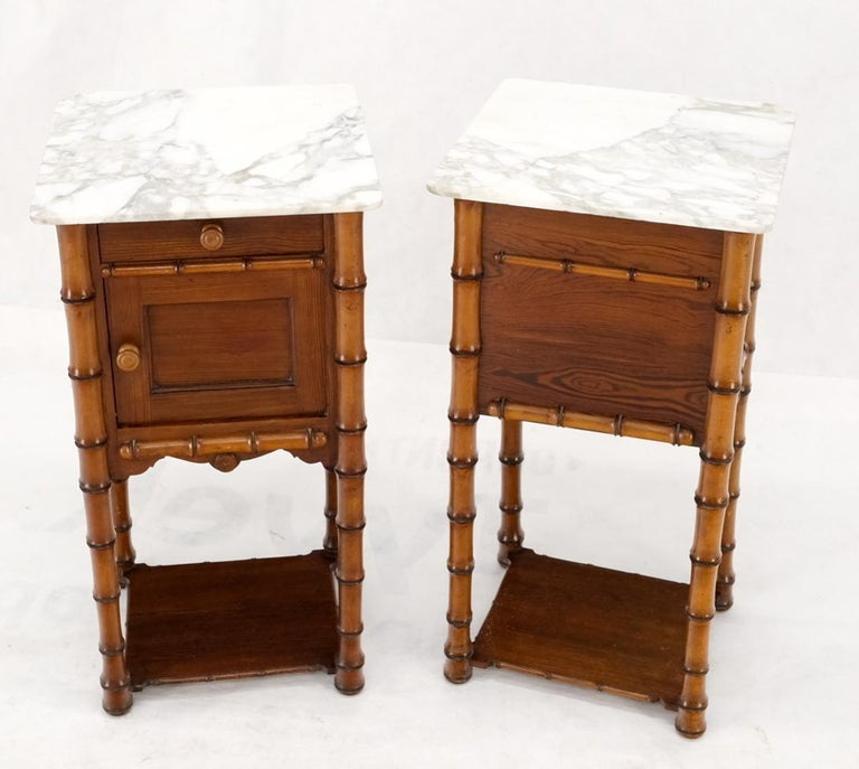 Pair of Antique Faux Bamboo Marble Top Two Tier One Door Drawer Nightstands