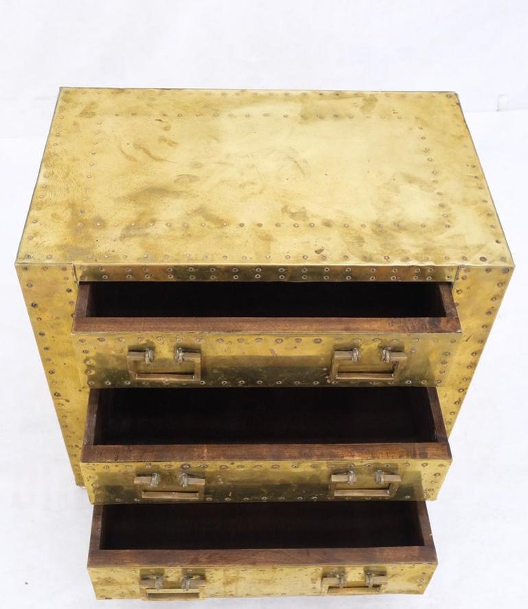 Sarreid Hollywood Regency Campaign Brass Clad Compact Chest of 3 Drawers Stand