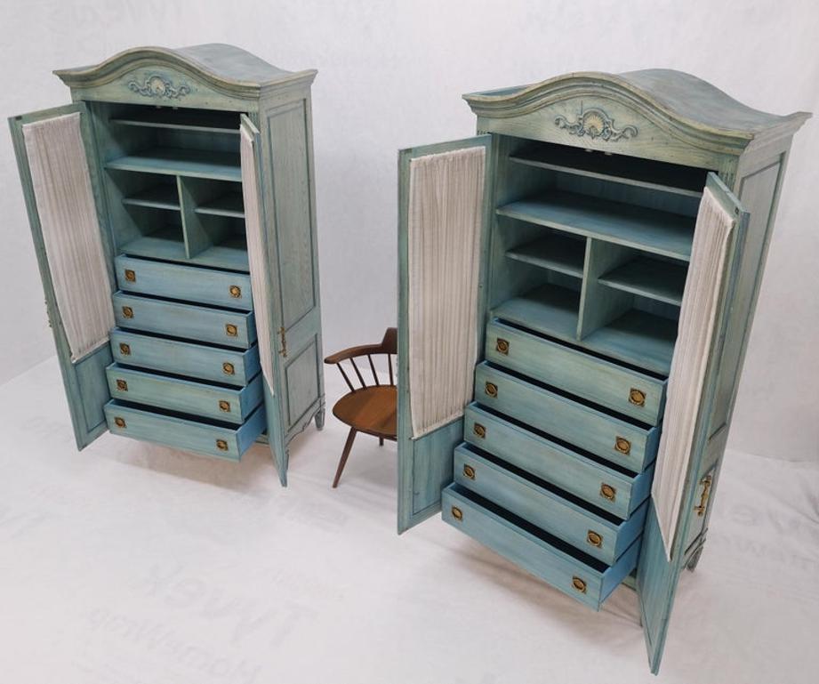 Pair Tall Country French White Wash Armoires Fitted 5 Drawers Storage Shelves