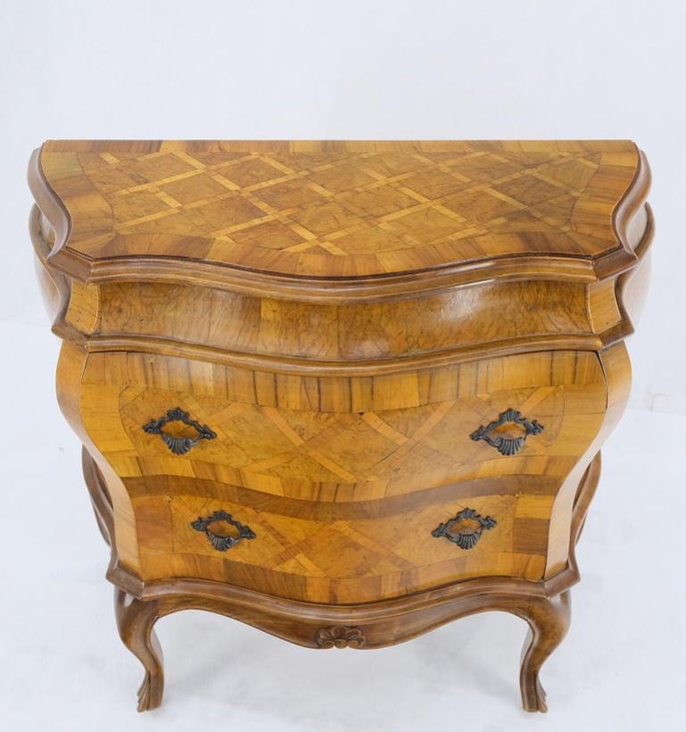 Italian Parquet Burl Wood Bombe Style Compact Entry Chest of Drawers Dresser