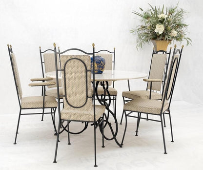 Wrough Iron Round White Marble Top Dining Table 6 Chairs w/ Brass Finials Set