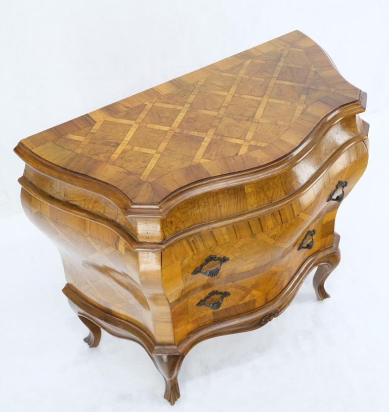 Italian Parquet Burl Wood Bombe Style Compact Entry Chest of Drawers Dresser