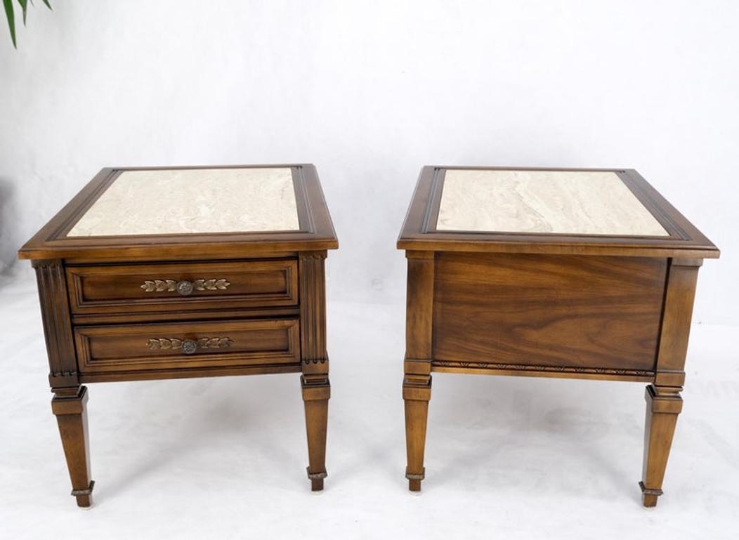 Pair Vintage Travertine Tops Cherry or Walnut Two Drawers End Tables Nightstands