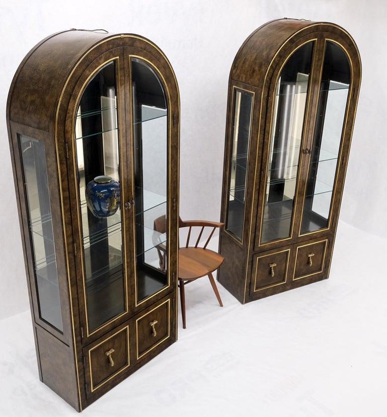 Pair Mastercraft Dome Shape Burl Wood Curio Display Cabinets w Shelves Lights