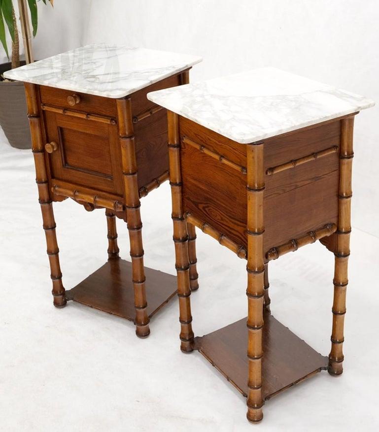 Pair of Antique Faux Bamboo Marble Top Two Tier One Door Drawer Nightstands