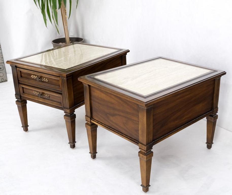 Pair Vintage Travertine Tops Cherry or Walnut Two Drawers End Tables Nightstands