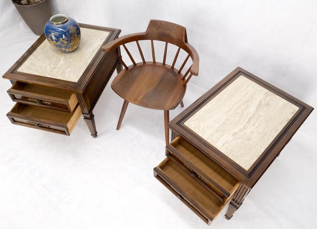 Pair Vintage Travertine Tops Cherry or Walnut Two Drawers End Tables Nightstands