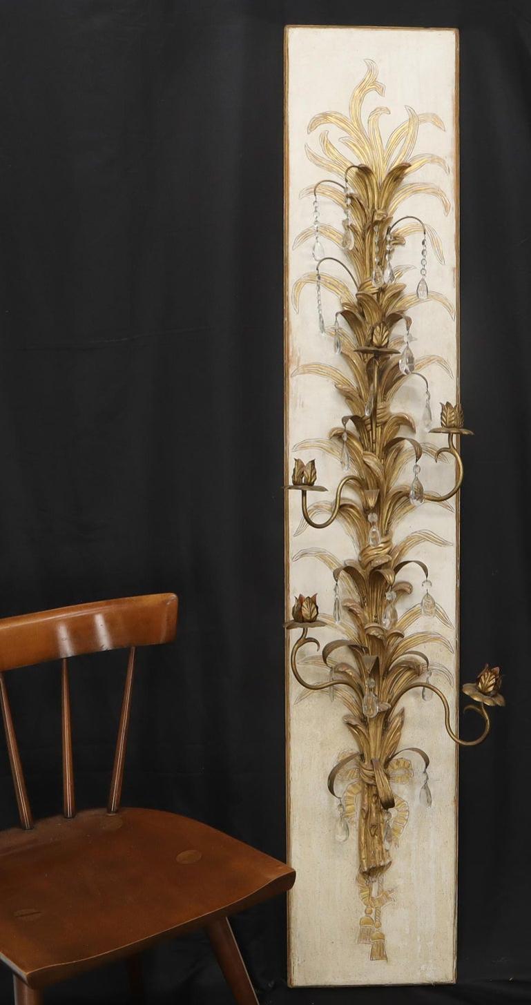 Very Large Tall Gold Gilt Metal Crystal Decorated Wall Candle Holders Sconce