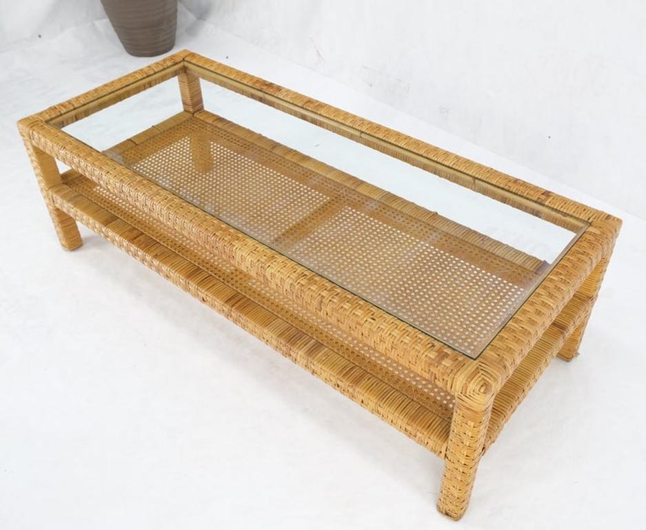 Rectangle Rattan Cane Shelf Glass Top Mid-Century Modern Coffee Table Mint!