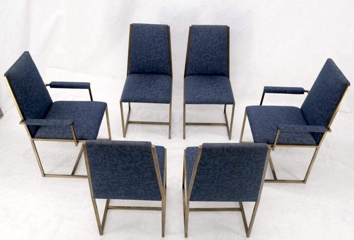 Set 6 Nice Bronze Satin Finish Blue Upholstery Dining Side Arm Chairs Armchairs