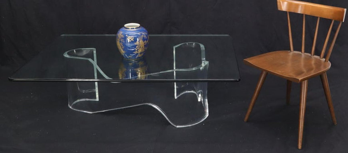 Thick Bent Lucite Organic Shape Base Rectangle Glass top Coffee Table
