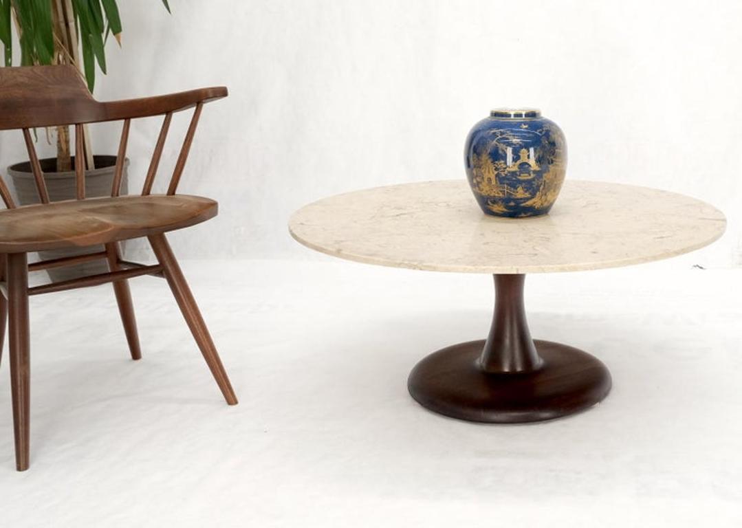 Mid-Century Modern Turned Solid Walnut Base Marble Top Round Coffee Table MINT