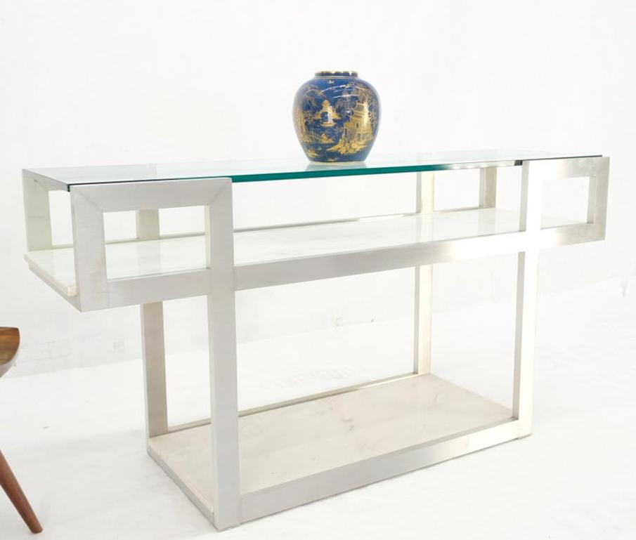 Aluminum Frame Glass Shelves Two Marble Shelves Console Sofa Table Mid Century