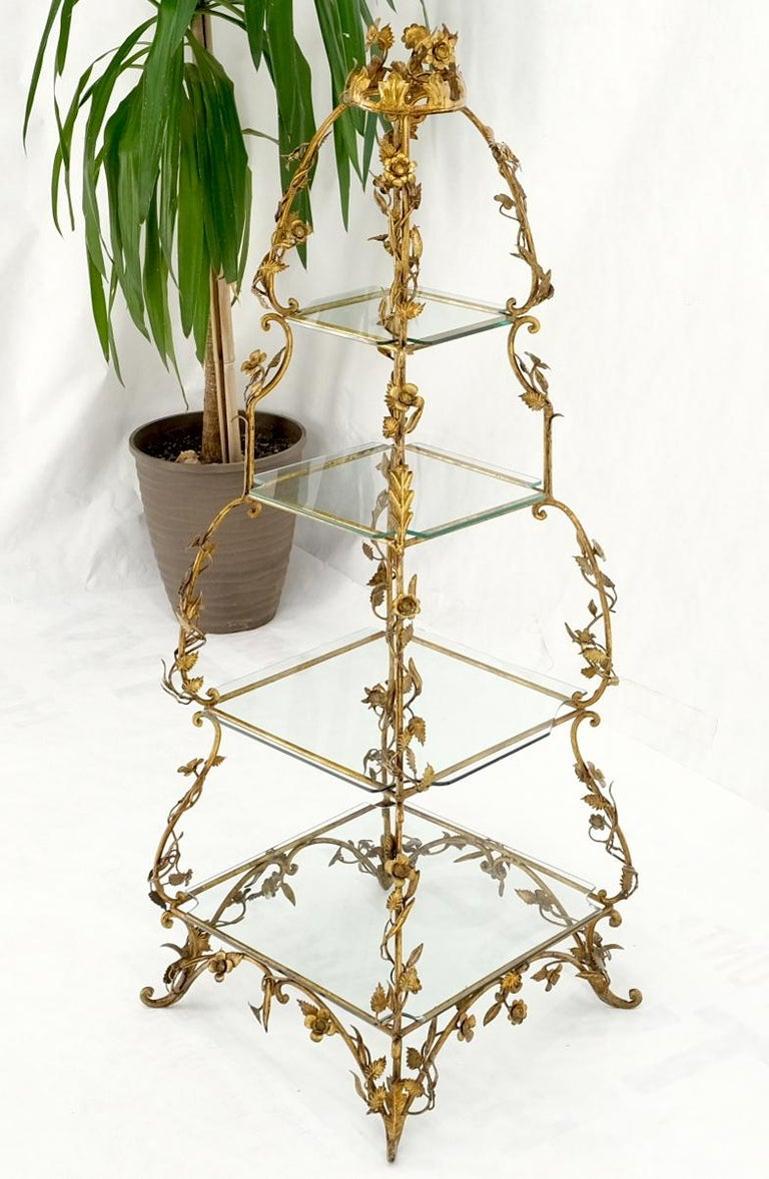 Gilt Metal Flowers Decorated Italian Pyramid Shape Display Shelves Etagere Table